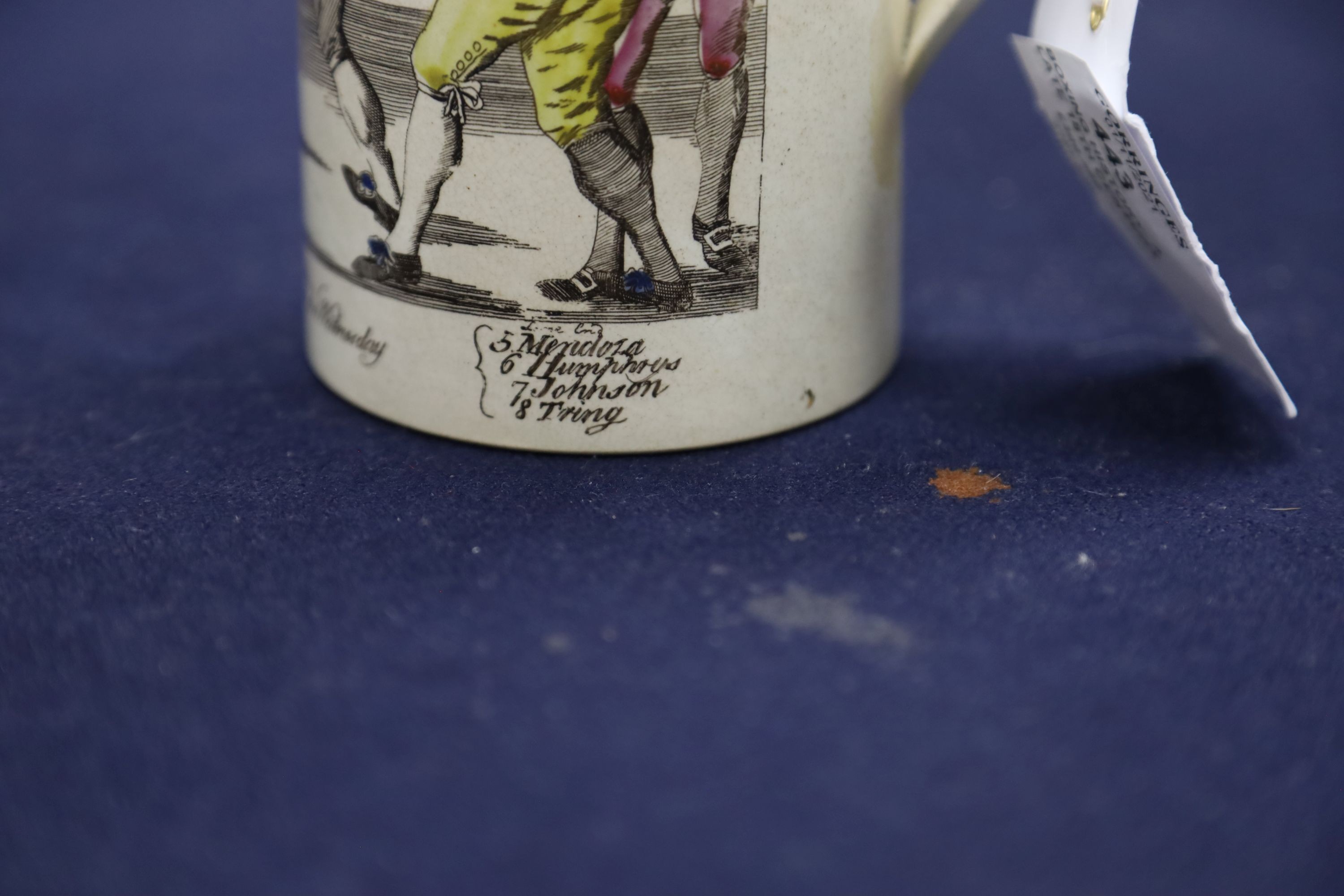 Boxing History- A late 18th century pearlware mug, depicting Humphreys v Mendoza, height 12cm